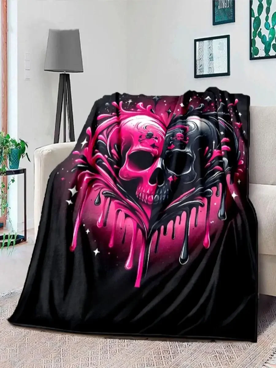 Skull Heart Fleece Throw Blanket Vibrant Pink Black Design Perfect for Bed Sofa Picnic Unique AllSeasons Gift x Inches