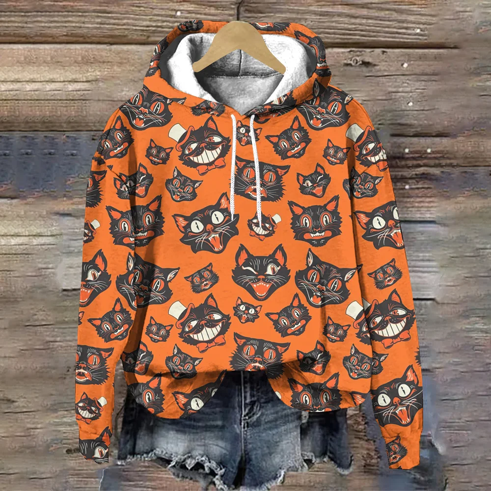 Hoodies estampados de cabeça e fantasmas de abóbora feminino, tops soltos, capuz halloween, pulôver, tendência da moda outono