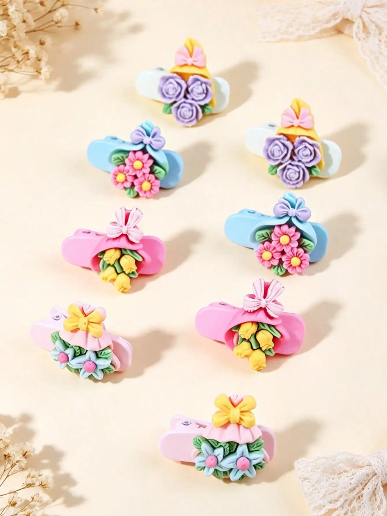 8pcs Cartoon Flower & Bow Hair Clips, Suitable For Daily Use