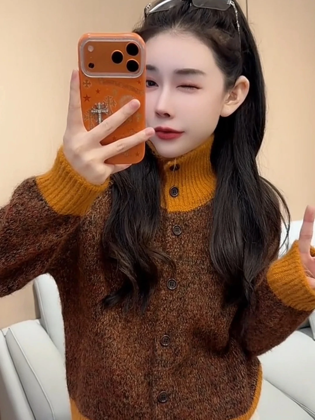 Retro Mixed Color Stand Collar Open Cardigan Sweater Women's Spring Autumn Lazy Style Loose Soft Pumpkin Orange Knitted Outer...