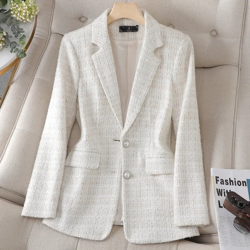 White Pink Plaid Blazer Women Jacket Business Wear Casual Suit Female Tops Autumn Winter Long Sleeve Woolen Blazer Ladies Coat