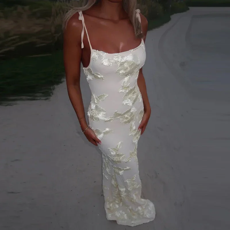 Summer New Suspender Bodycon Dress Sexy Low Cut Sleeveless Solid Wrap Hips Dress Elegant Lady Embroidery Printed Evening Dress