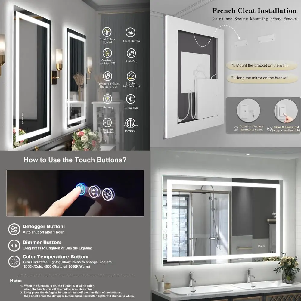 مرآة زينة LED قابلة للتعتيم مع 48 × 30، مثبتة على الحائط، مزيل الضباب، مقاومة للكسر، 3 خيارات ألوان، معتمدة من ETL #1