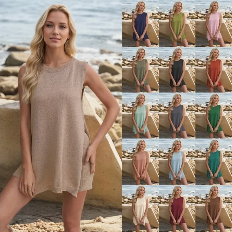 

Летний женский комплект из двух предметов, повседневный свободный вязаный жилет и шорты, однотонный комплект пляжной одежды с круглым вырезом, модная модная однотонная одежда