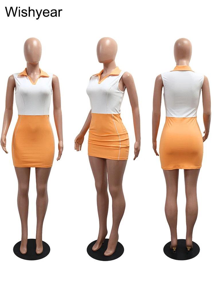 Nueva moda Patchwork estilo deportivo vestidos camiseros mujeres verano sin mangas cuello Polo Casual deportivo cómodo Mini vestido naranja