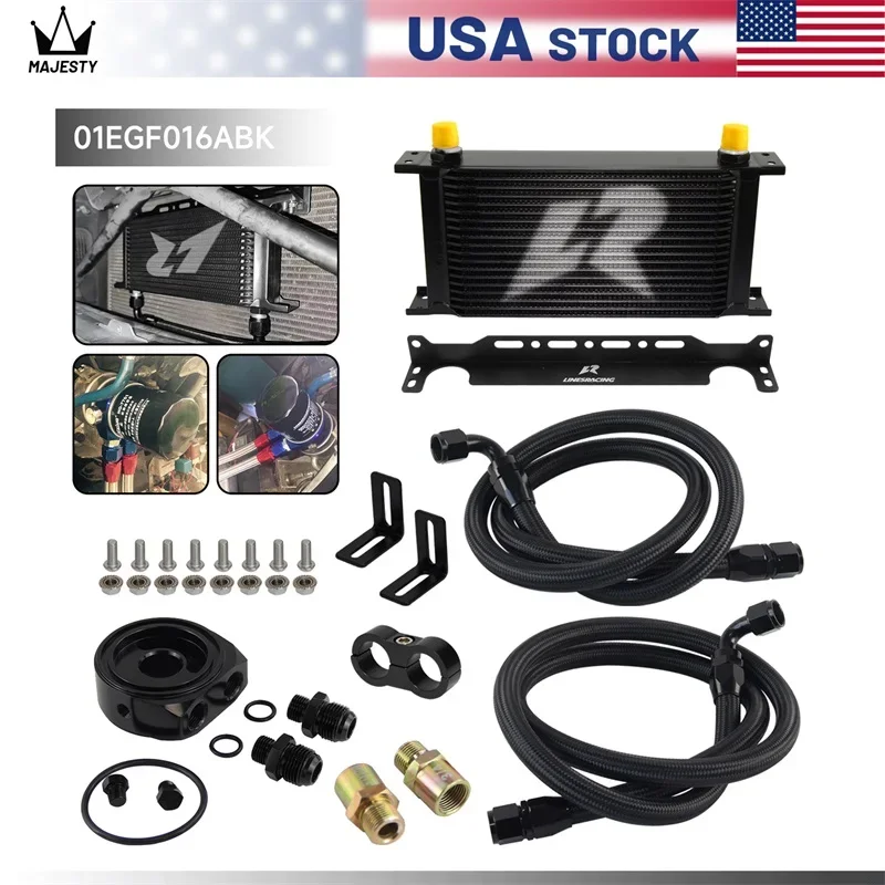 Universal 19ROW 10AN Engine Oil Cooler +Oil Filter Adapter Kit +Bracket Black Aluminum