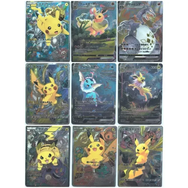 Pokemon Kaarten 9 piezas, Pikachu japonés, dragón que respira fuego, agua, Ibu, litografía, tallado de radio, cómic, juguetes de cartas, regalos para niños