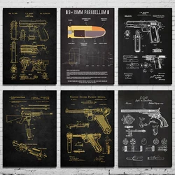 Firearms and Bullets Canvas Poster Gun Dismantling Diagram Wall Art Picture for Living Room Bedroom Playroom Modern Home Decor