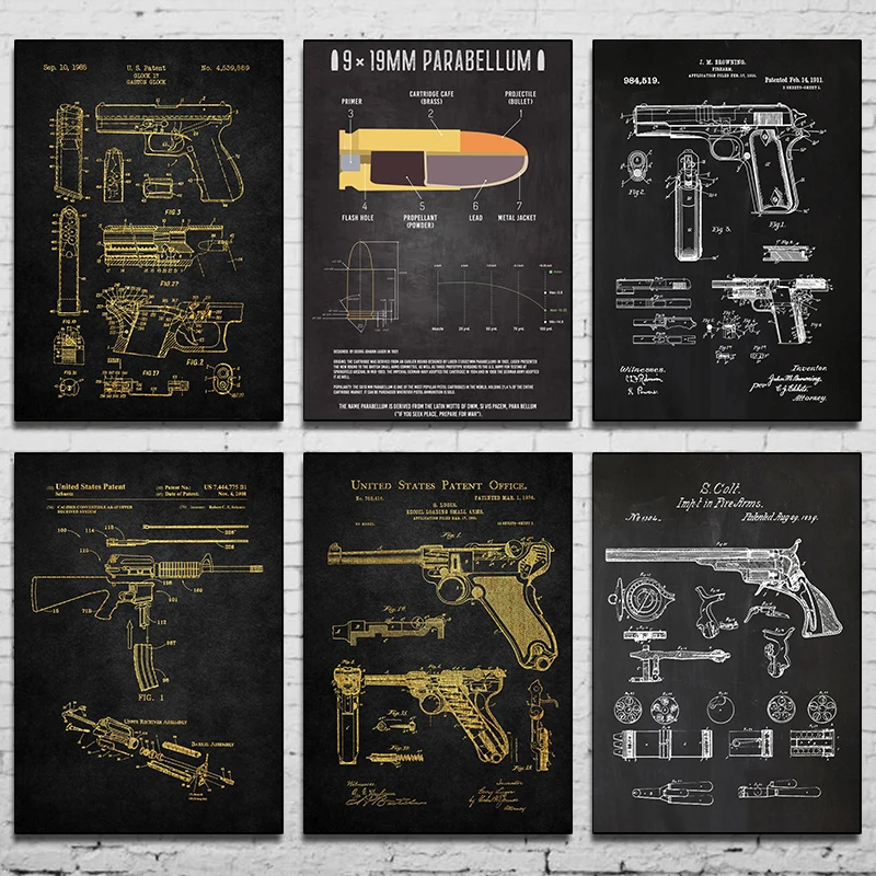 Firearms and Bullets Canvas Poster Gun Dismantling Diagram Wall Art Picture for Living Room Bedroom Playroom Modern Home Decor