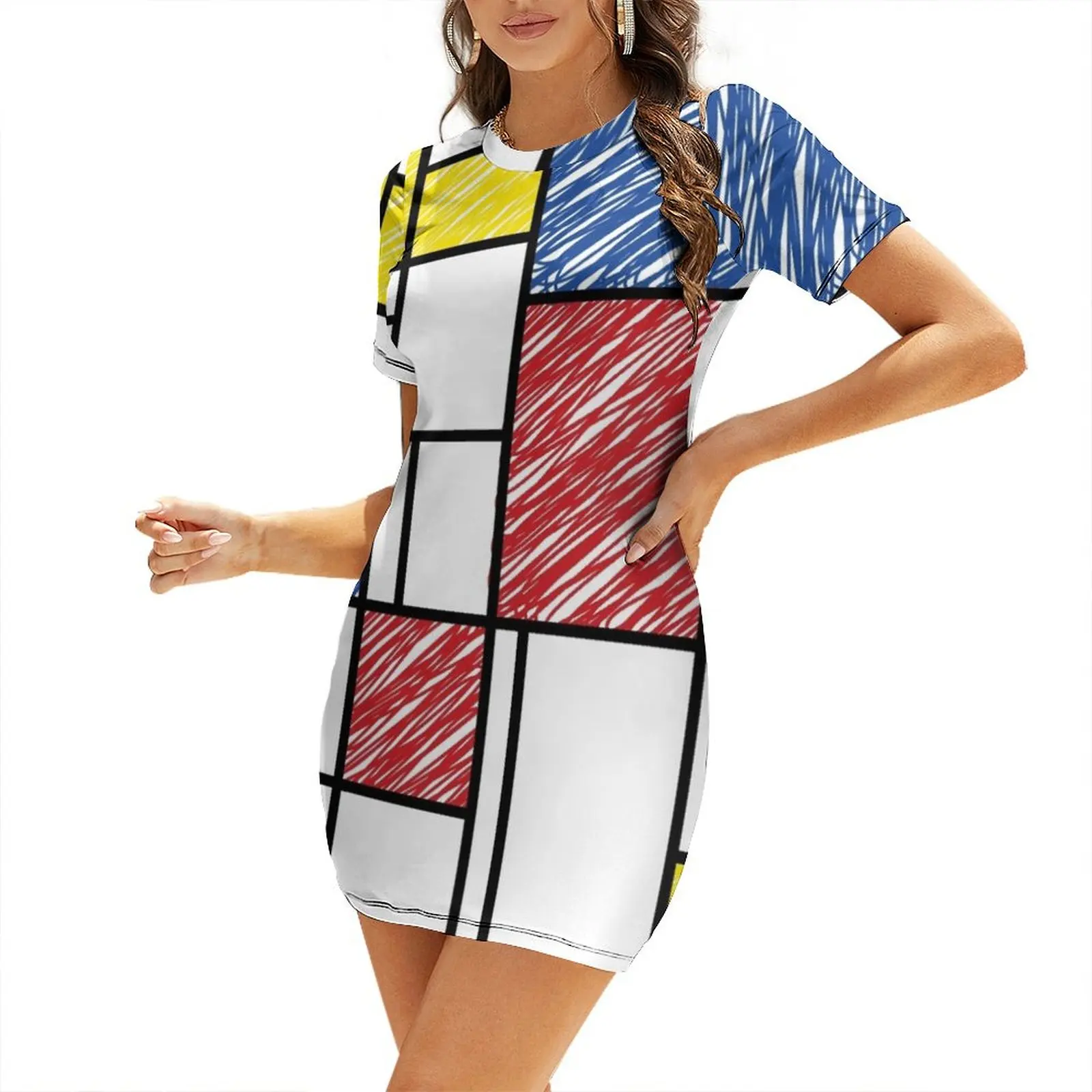 

Mondrian Scribbles Minimalist De Stijl Modern Art  fatfatin Short Sleeved Dress Woman's evening dress Clothing female Dress