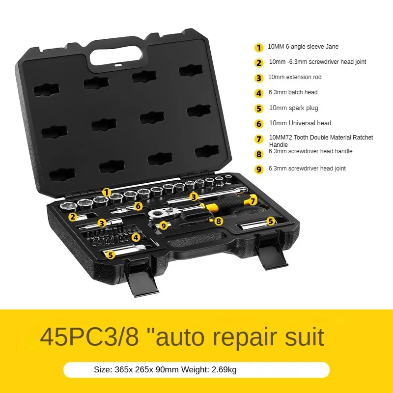 Stanley STMT82829 45Pcs Metric 10mm(3/8inch) Professional Car Repair Wrench Set Include Ratchet Wrench Handle Sockets Spark Plug