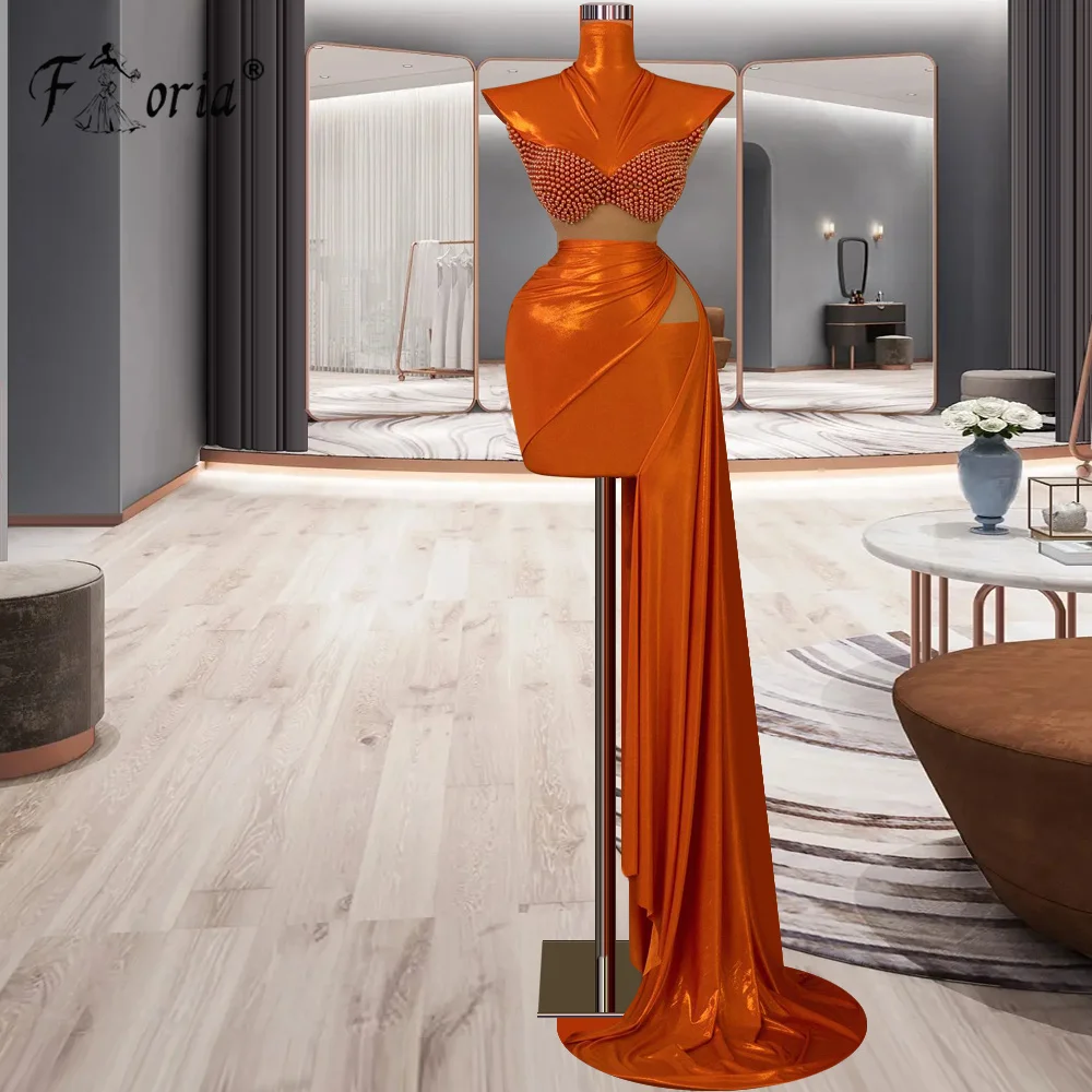 High Neck Cap Sleeve Metalic Fabric Pearls Short Cocktial Dress with Side Train Cut Out Waist Fashion Prom Dresses Graduation