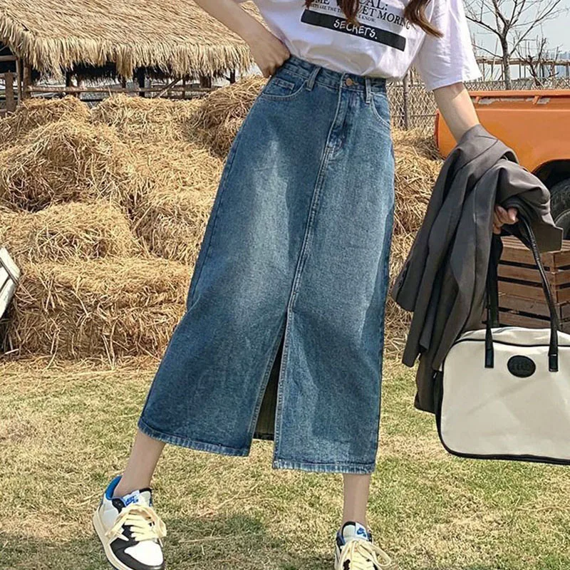 

Jeans Skirt Women Vintage Split Hight Waist Denim Skirt Casual Streetwear Fashion Korean Straight Wrap Around Skirt