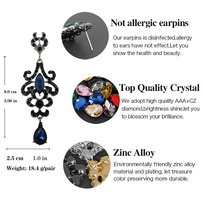 Prom Pageant Jewelry Art Deco Accessories Long Black Gothic Chandelier Rhinestone Crystal Dangle Drop Earrings for Women