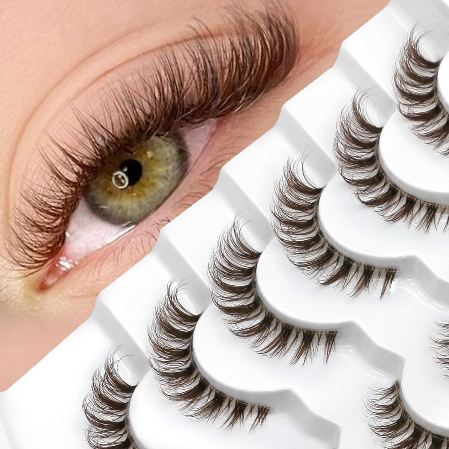 LASVIREY Braune Wimpern Flauschige Katzenaugen-Wimpern D-Curl Dichte Farbige Künstliche Wimpern Gemischte Streifen-Nerzwimpern mit Farbe am Ende
