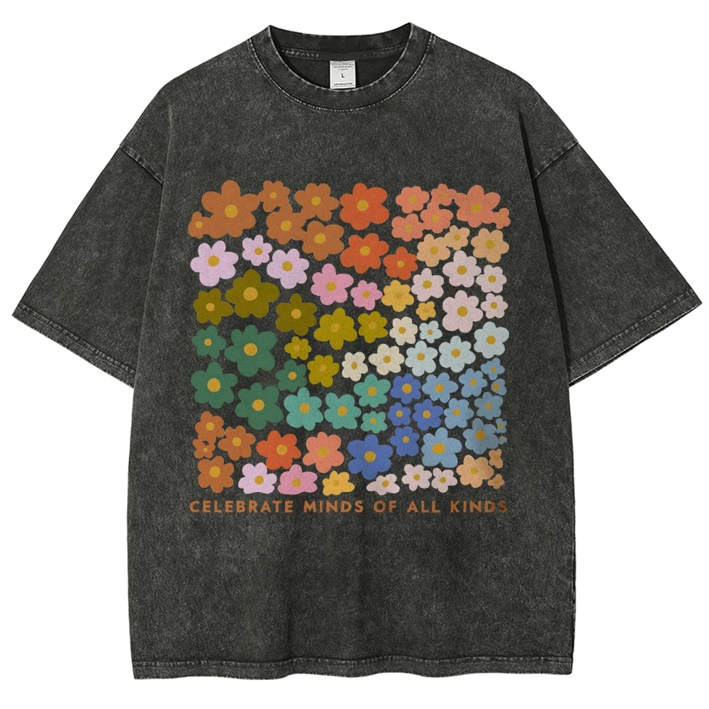 100% Color Flower Letter Print T-Shirt Loose Retro Old Shoulder Wash Couple Clothing Designer New Trend Summer Short Sleeves image 3