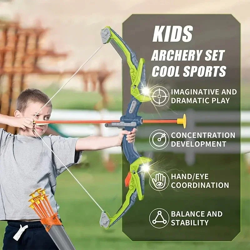 Light Up Archery Toy Set para crianças Arco e flecha, Brinquedos ao ar livre com alvo em pé, presentes de aniversário, Jogos Indoor, meninos e meninas