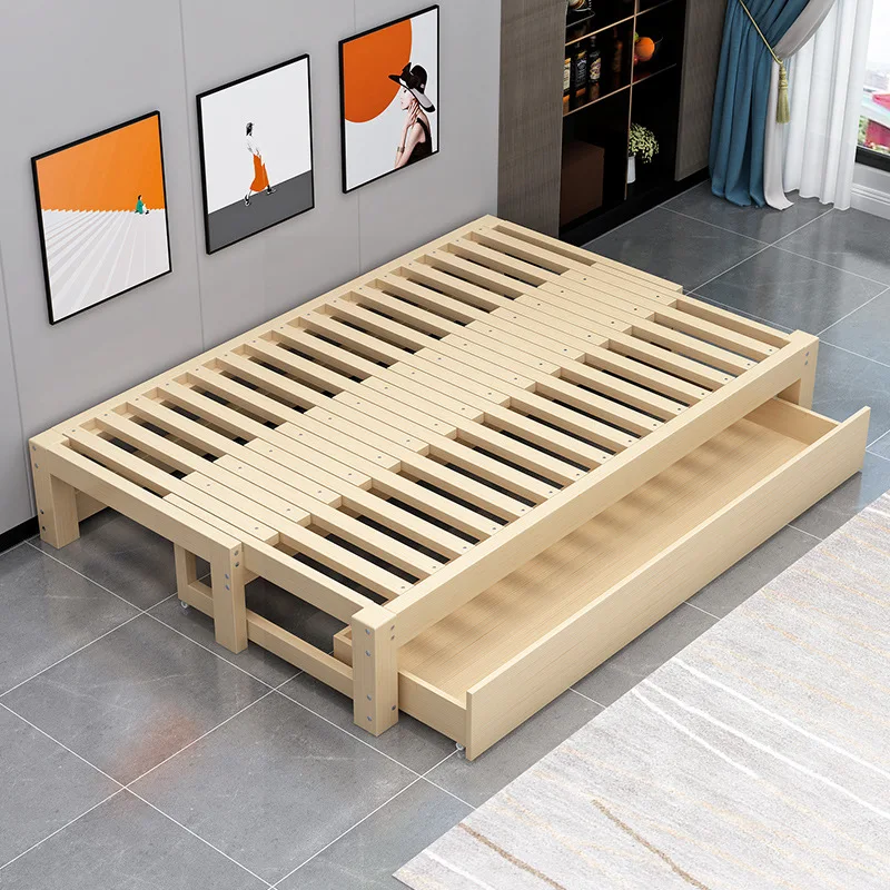 Factory Direct 2026 Solid wood sofa bed, multi-functional folding tatami, push-pull telescopic bed, small apartment, sitting