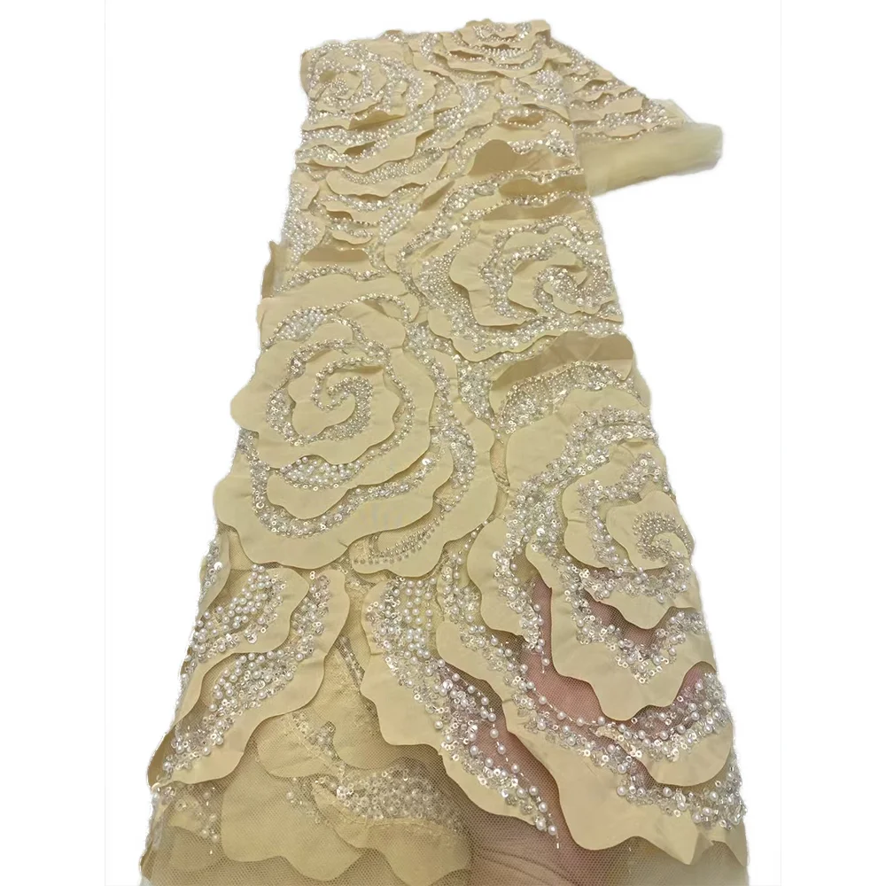 مصبوغ مطرز نسيج الدانتيل والتطريز الفرنسي اللؤلؤ تصميم الأزياء 5 ياردة الترتر مطرز أقمشة الدانتيل لفساتين الزفاف أحدث