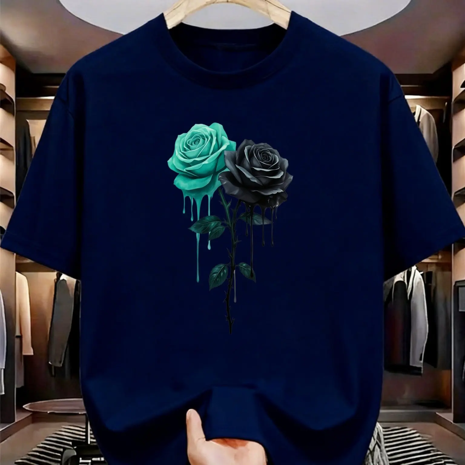 Cotton Men Short‑Sleeve Tee, Turquoise‑Black Drip‑effect Rose Print, Crew‑neck Casual Fashion Top for Trip Daily Holiday Outfit