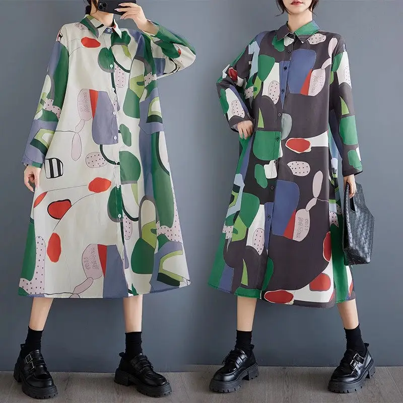 Popular Women Shirt Dress 2024 Spring Autumn Korean Edition Loose Oversized Fashion Print Medium Long Artistic Retro Dress k2748