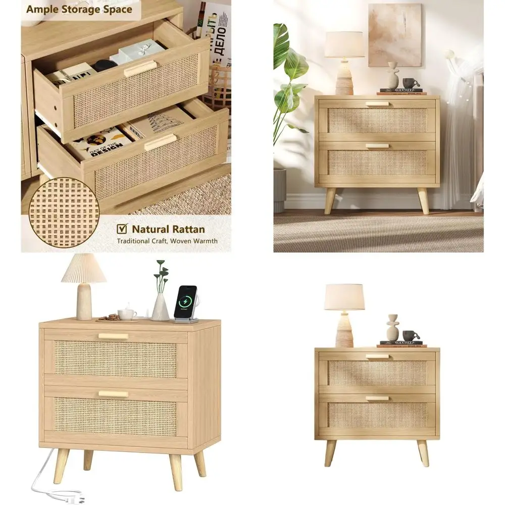 

Modern 2-Drawer Rattan Nightstand with Charging Station, Solid Wood Legs, Boho Style, Natural Finish KES009MECTG