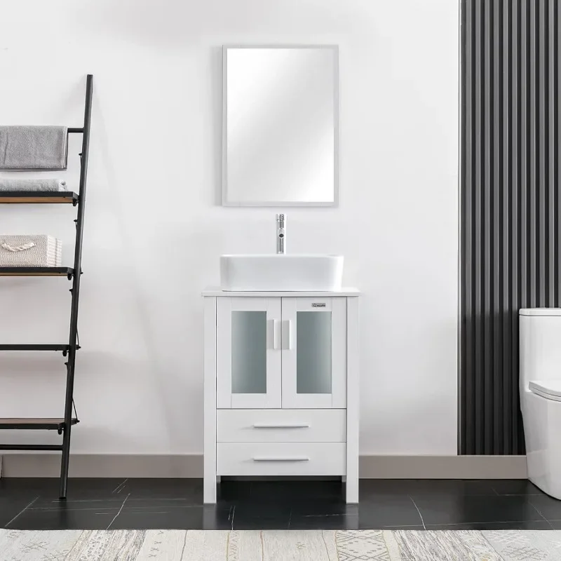 White Rectangle Ceramic Vessel Sink & Water Save Faucet &24