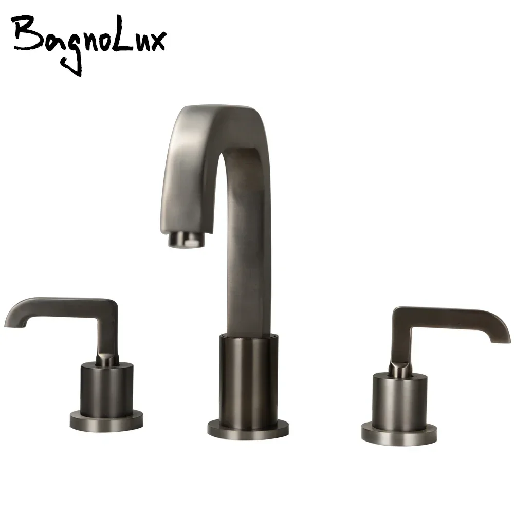 Bagnolux Gun Grey Deck Mounted Widespread Bathroom Above Counter Basin Faucet Dual Holder Three-hole Mixer And Cold Water Taps
