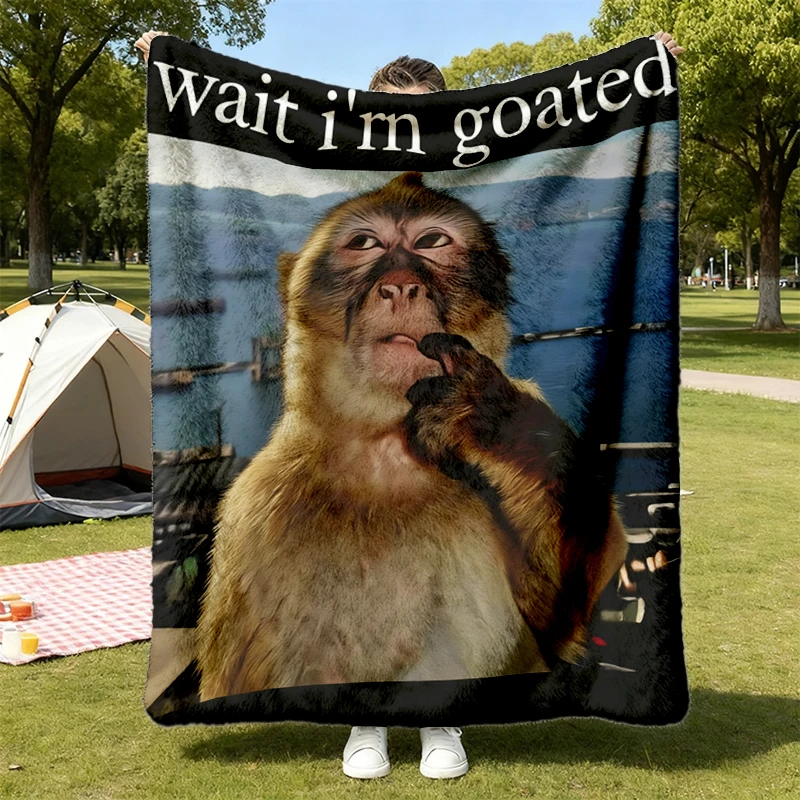 Wait I'm Goated Flannel Blanket, Funny Thinking Monkey Meme Flannel Throw, Funny Gen Z Humour Cozy Blanket