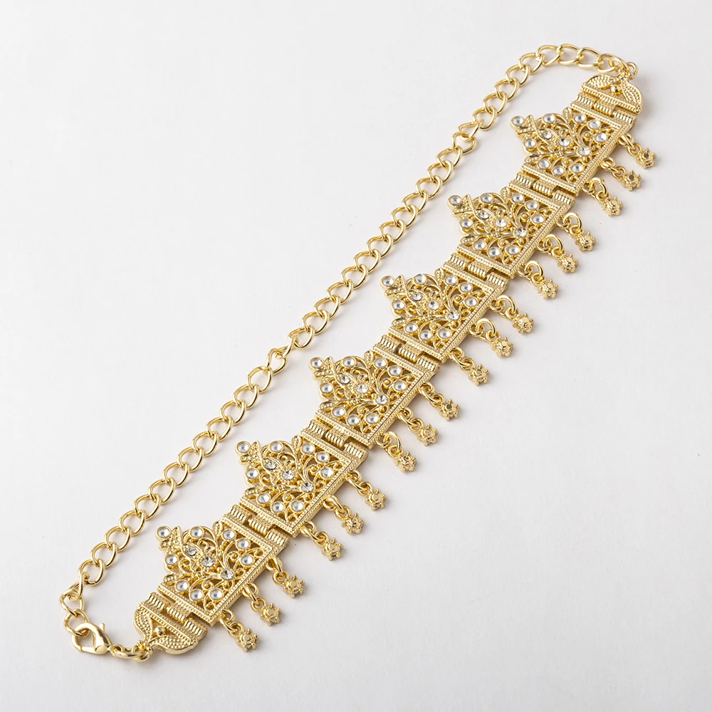 Marokkanische Fransen Gold Farbe Haarschmuck Algerische Braut Kopfkette Metall Partybevorzugung Weißer Kristall Tropf glasierter Schmuck