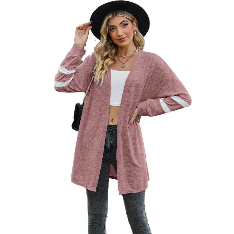 Women's Long Patchwork Knitted T-irt Sved Sweatirt Polyester Fiber Casual Sle Open Cardigan Single Piece Autumn 2023