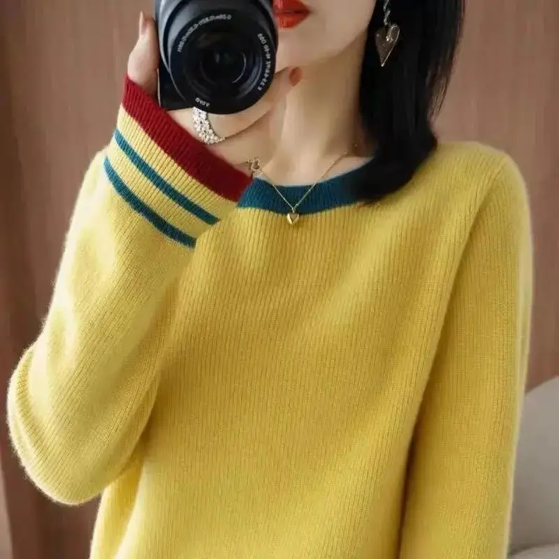 

Fashion O-Neck Spliced Knitted Korean Sweaters 2022 Autumn New Commute Loose Long Sleeve Female Clothing Casual Pullovers Tops