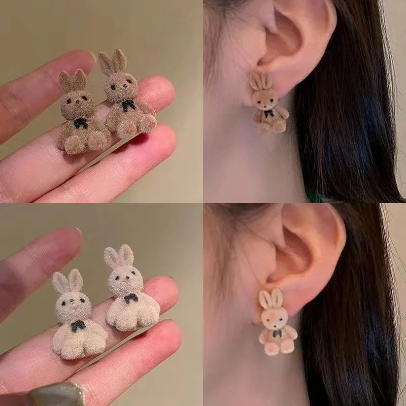 

New Cute Flocking Plush Rabbit Bear Stud Earrings Kawaii Brown Khaki Animal Earrings for Women Girls Korean Earring Jewelry Gift