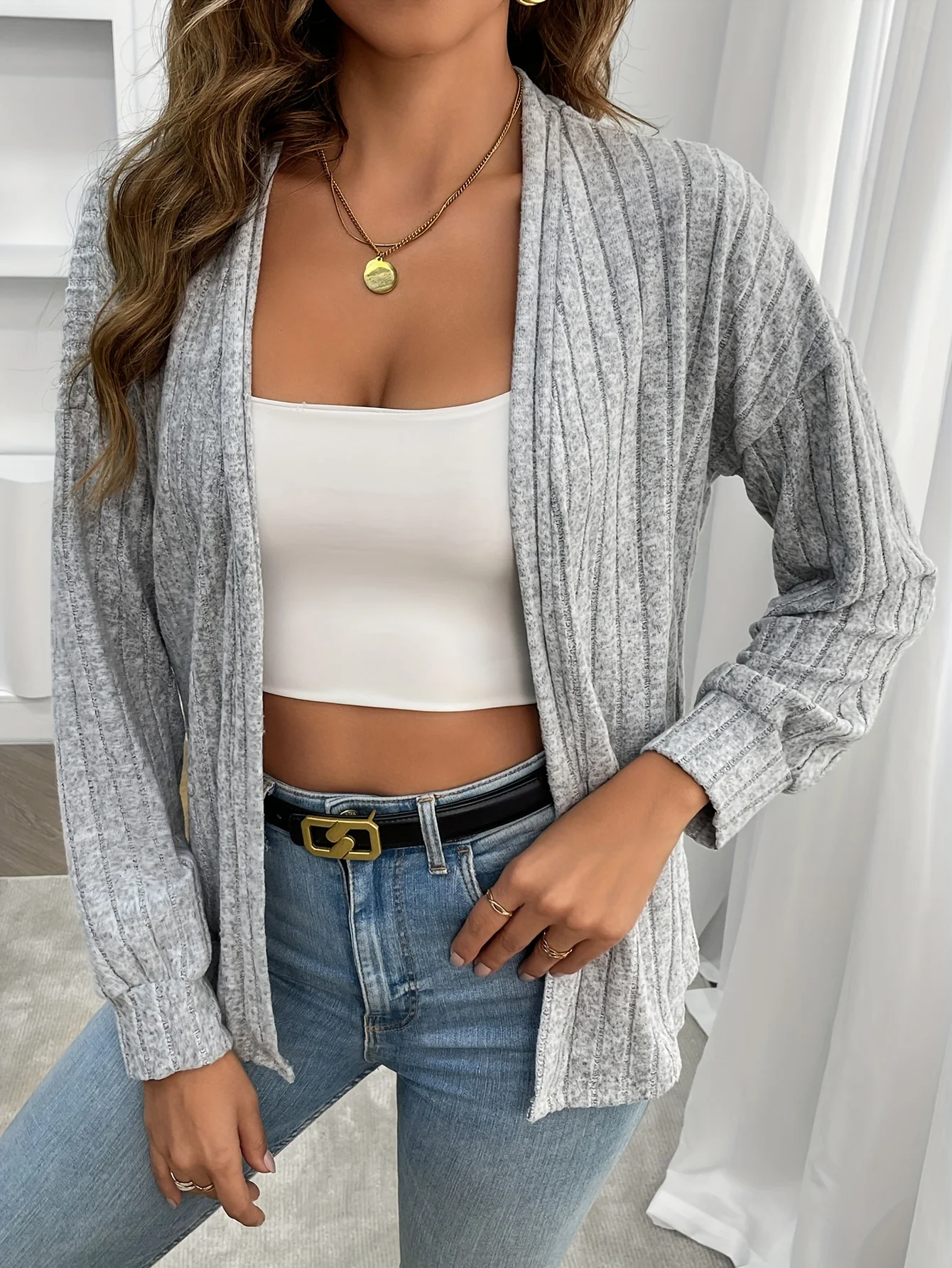 

Elegant Pure Color Shoulder-Drop Front Opening Ribbed Knit Jacket Casual Comfortable Soft Acrylic Outerwear for Women