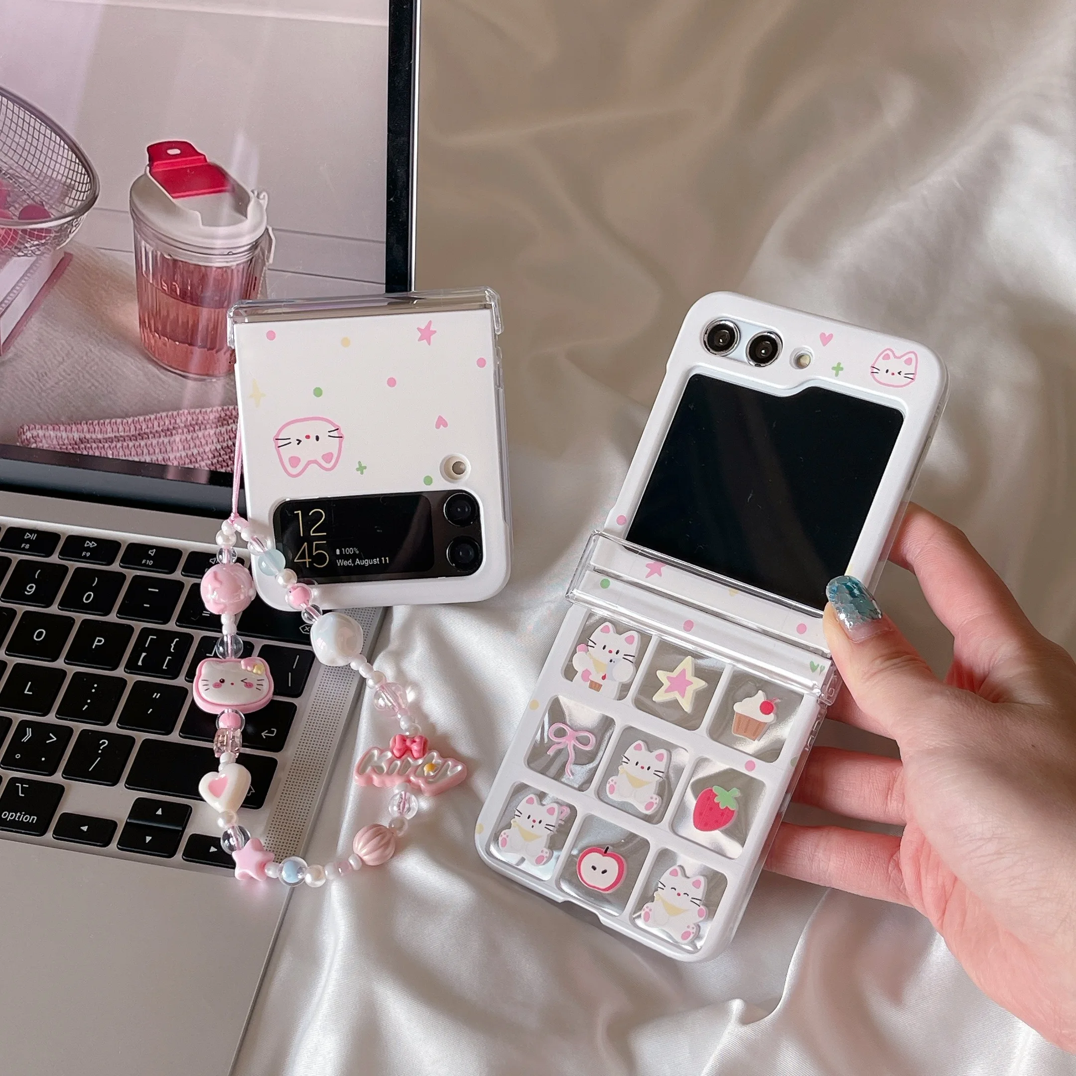 For Samsung Galaxy Z Flip7  6 5 4 3 Nine Grid Cat Phone Case For Samsung Flip 6 Phone Strap Phone Lanyard Shockproof Hard Cover