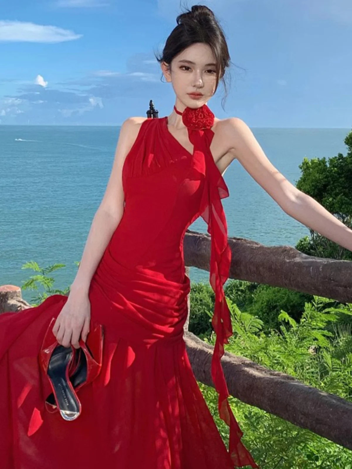 

Сексуальное красное длинное платье с открытыми плечами и драпировкой для женщин: летнее, для пляжного отдыха, в стиле Pure Desire, для города, кампуса, пляжных прогулок, повседневное