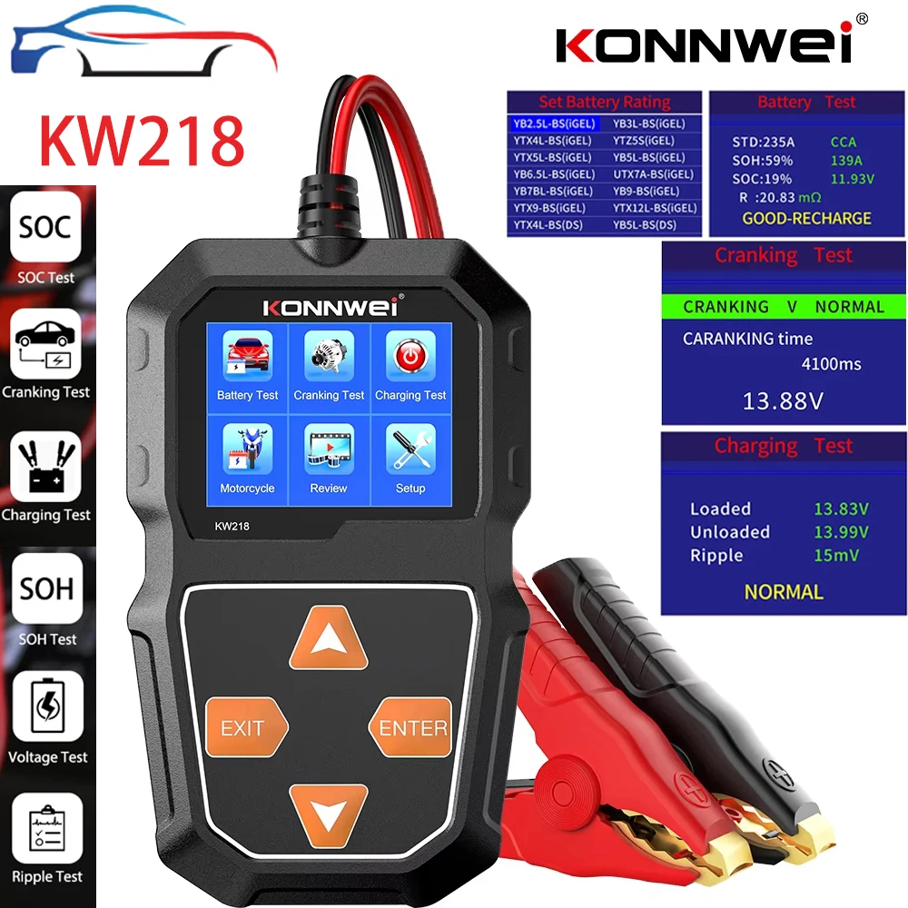 KONNWEI KW218 Car Battery Tester for Motorcycle Automobile Truck Lead Acid Lithium Battery Checker Load TesterCranking Analyzer