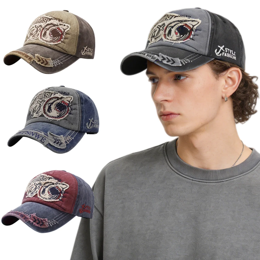 Unisex Adjustable Baseball Cap, Vintage Washed Distressed Style Shark Embroidery Spring Autumn Hat