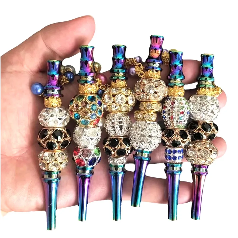 Luxury Bling Zinc Alloy Rainbow Rod Metal Joint Holder Handmade Hookah Mouthpiece Mouth Tip with Rhinestones Jewelry