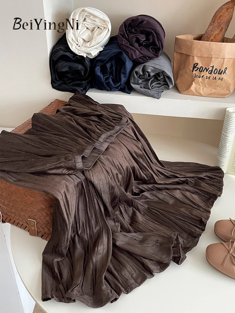 

Beiyingni 2025 Autumn Winter Women Velvet Skirts Diamond French Vintage Leisure Woman's Pleated Midi Skirt Elegant Ropa Mujer