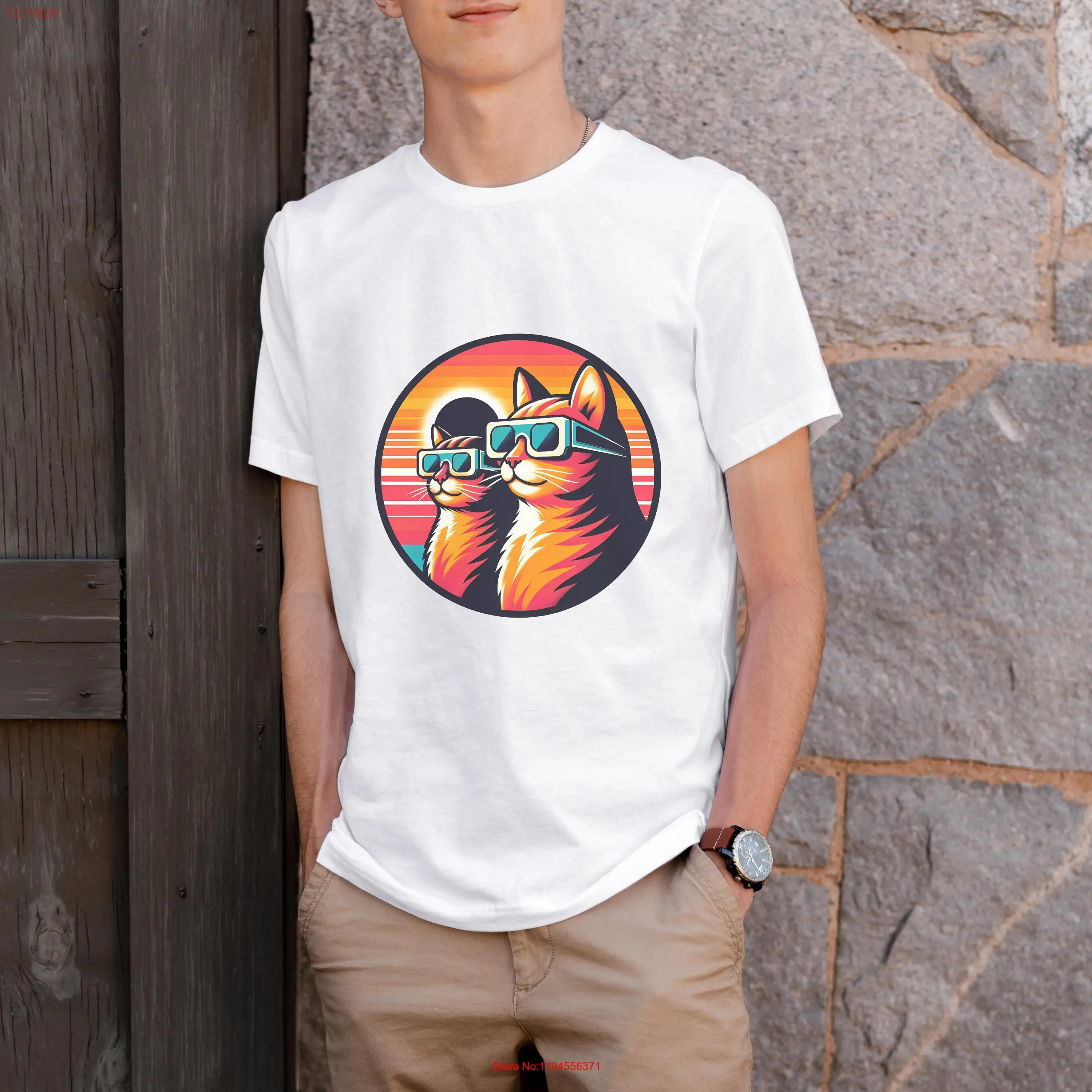 Camiseta de gato Retro de colores cómodos para hombre, Eclipse Solar Total 2024, novio para él, mangas largas o cortas Vintage de los años 90