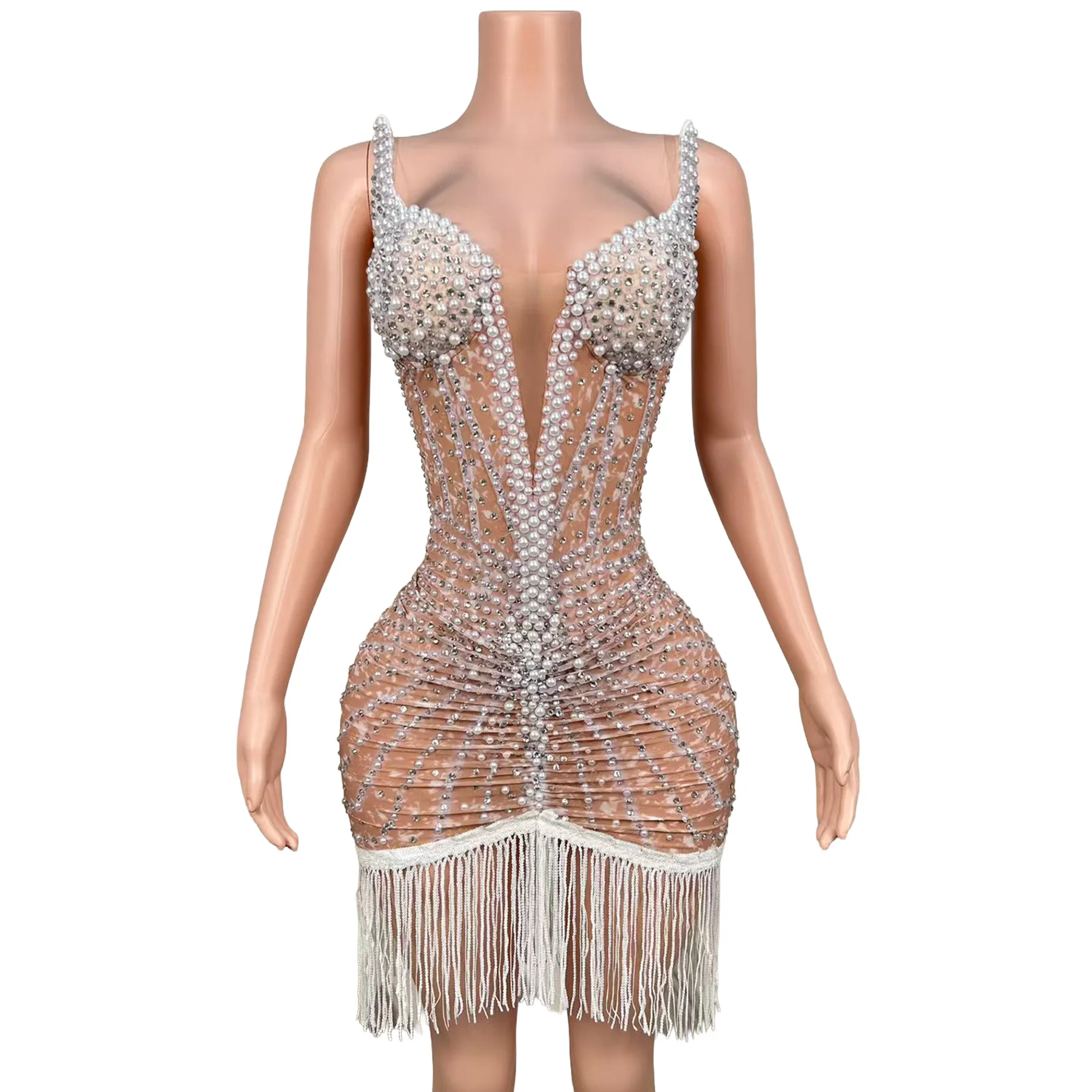 Chujiao Sparkly Sheer Mesh Ruched Mini Dress Thin Straps Deep V Rhinestone Pearl Decor White Fringe Hem Birthday Prom Gowns