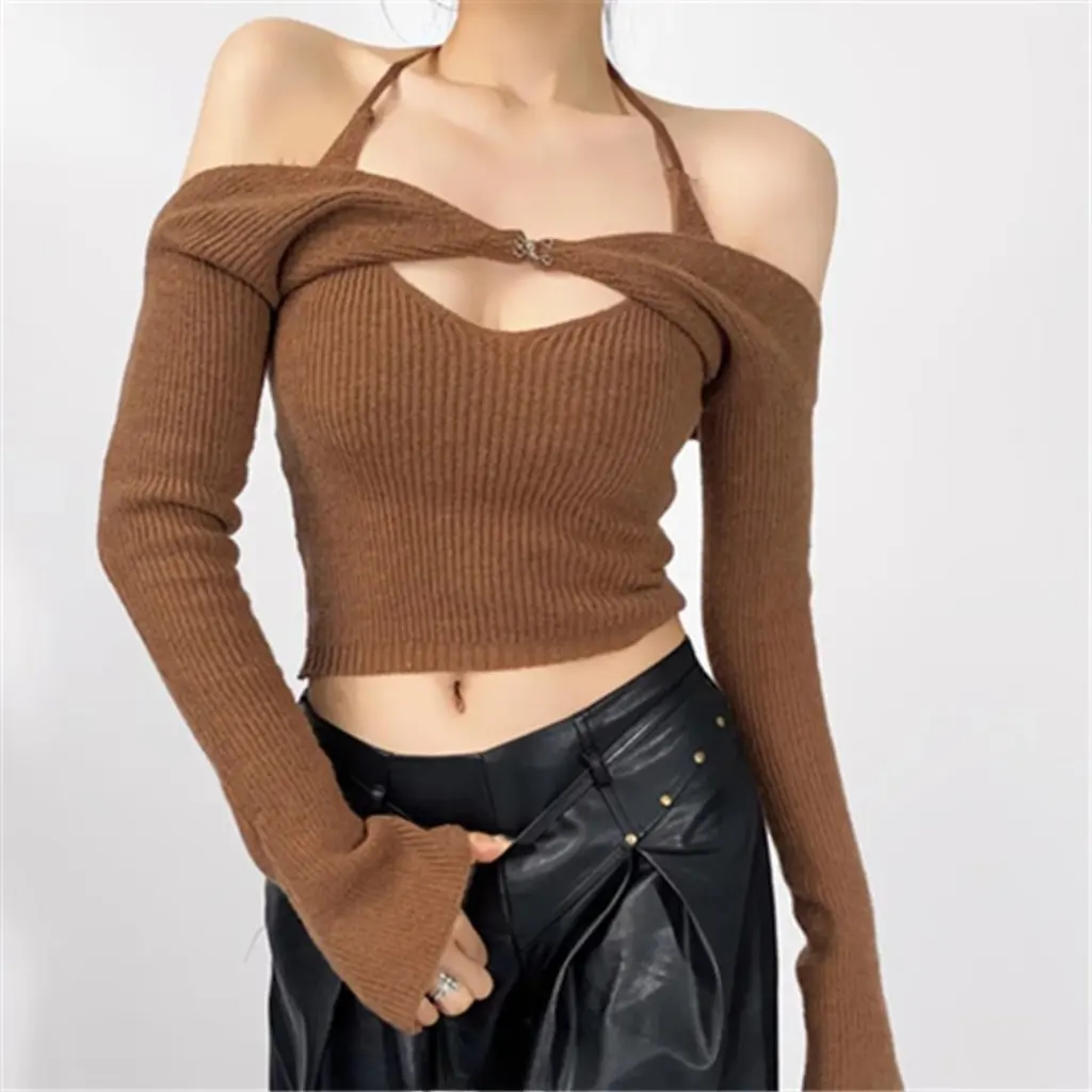 

Women's Solid Color Halter Two-Piece Knitwear Set European American Style Autumn Sexy Backless Vest Suit