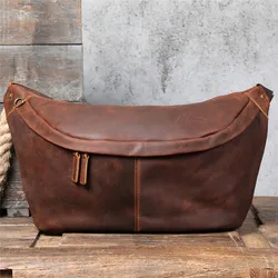 Natural Genuine Leather Super Large Capacity Men's Chest Bag Vintage Designer Crazy Horse Cowhide Big Shoulder Crossbody Bag