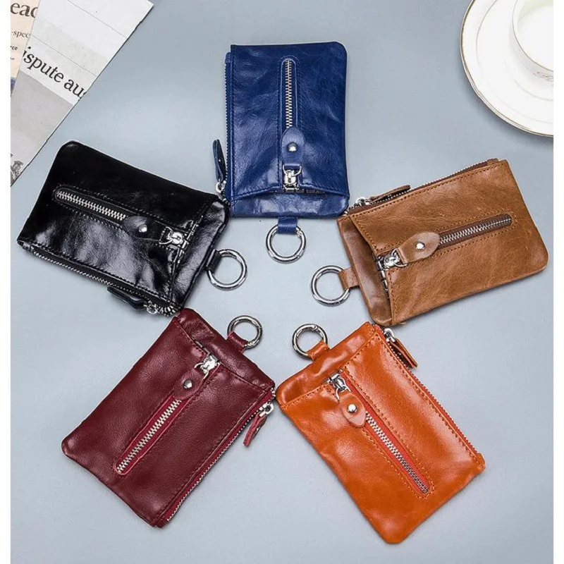 Genuine Leather Key Wallet for Women and Men Slim Mini Zip Coin Purse Multipurpose Vintage Small Change Bag Household Key Case