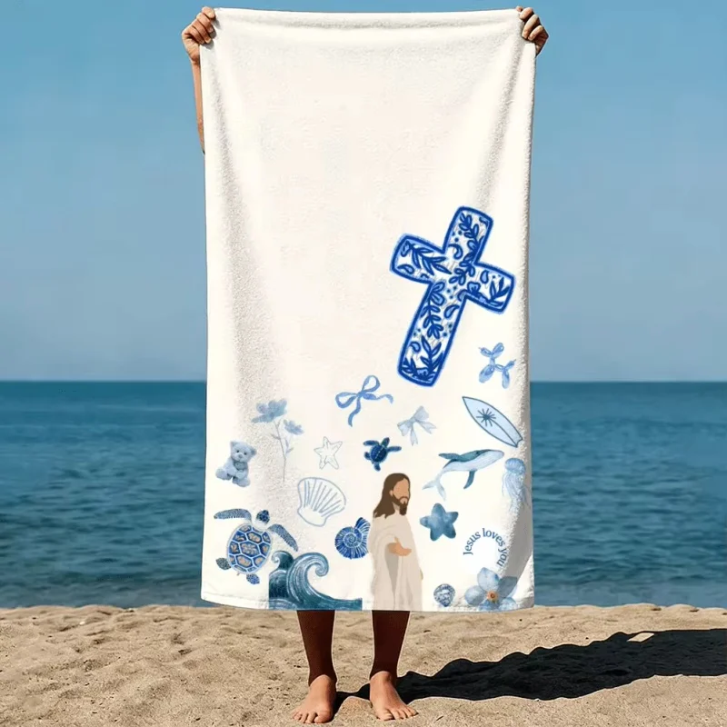 Newest Beach Towel Blue Floral Cross Jesus Marine Turtle Print Beach Towel Religious Nautical Pool Towel