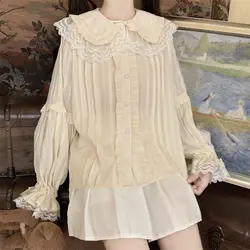 Autumn Kawaii Lace Patchwork Lolita Blouse Women Japanese Soft Sweet Cute Shirt Preppy Style Chic Fairy Jk Shirt Long Sleeve Top