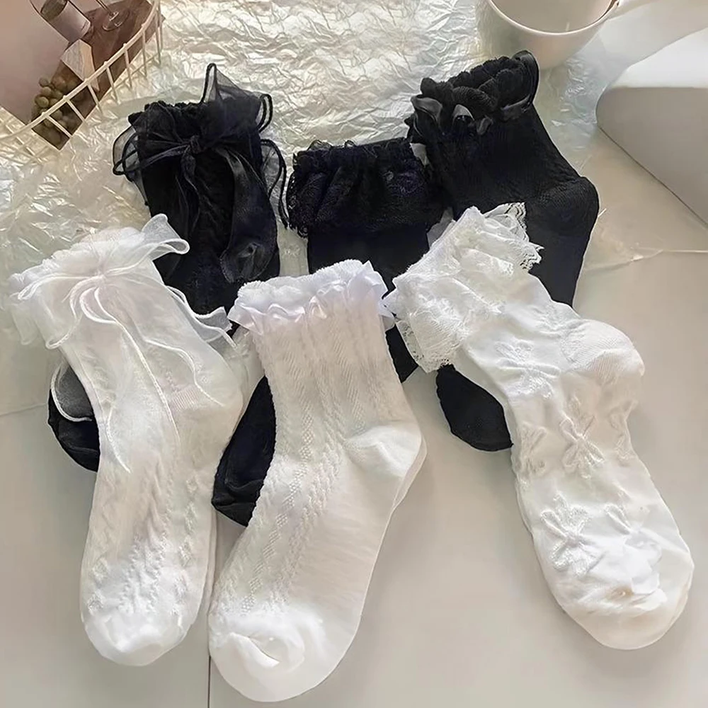

6 Pairs Woman Socks Solid Black White Lolita Lacework Ruffle Socks Summer Thin Japanese Style Kawaii Sweet Girls Short Socks2027