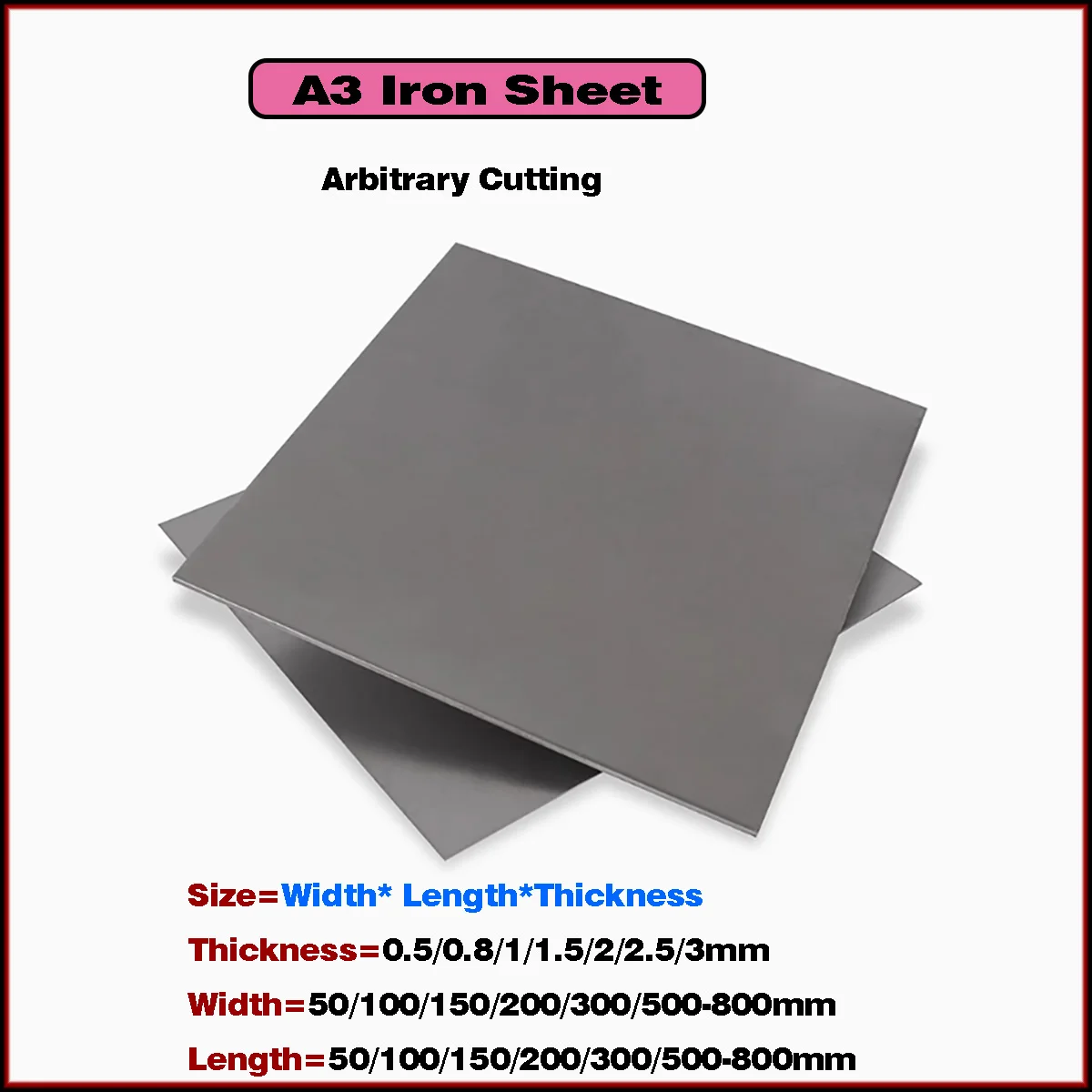

1pcs Thickness=0.5/0.8/1/2/3mm A3 Iron sheet Size=50x50-800x800mm Iron Plate Can Be Customized Zero Cutting