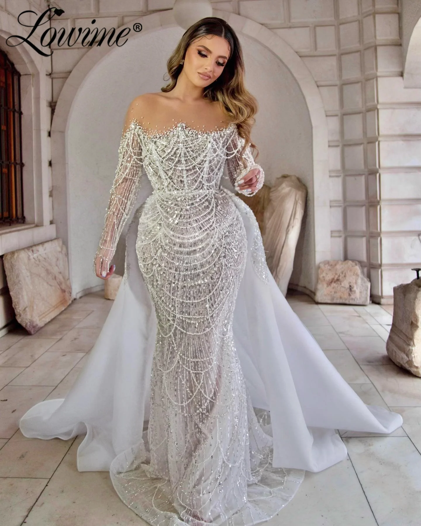 

Pearl Bride Party Gowns With Detachable Train 2 In 1 Long Sleeve Arabic Evening Dress Customized White Ivory Beaded Prom Dresses